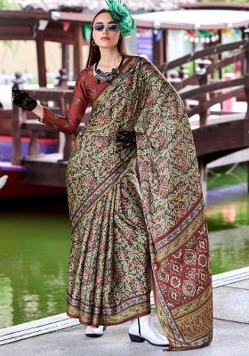 Grey Printed Silk Saree Set