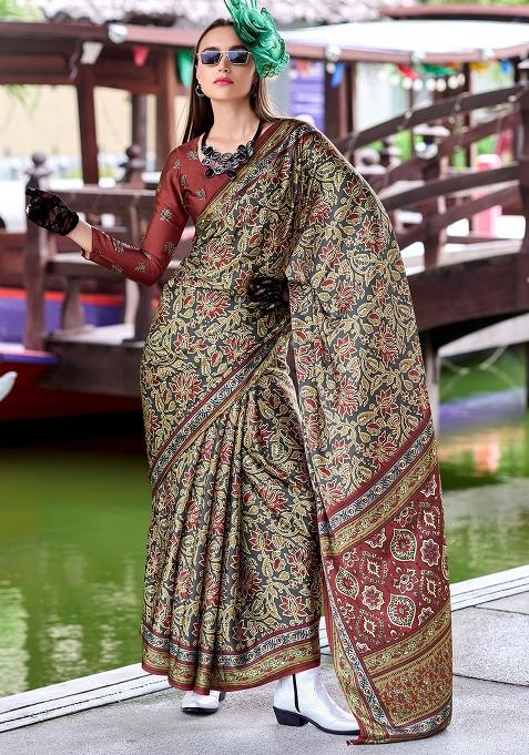 Grey Printed Silk Saree Set