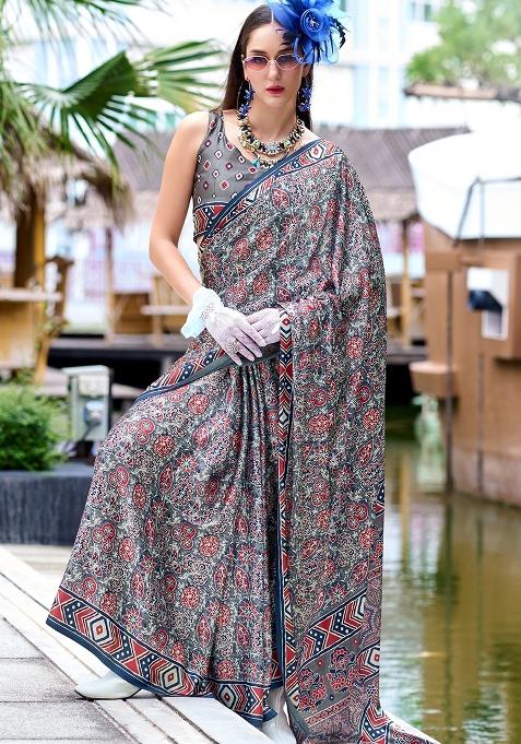 Grey Printed Silk Saree Set