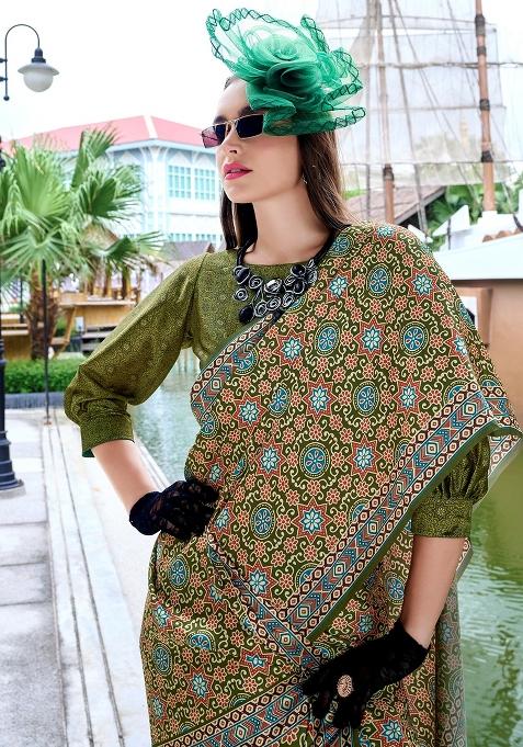 Mahendi Printed Silk Saree Set