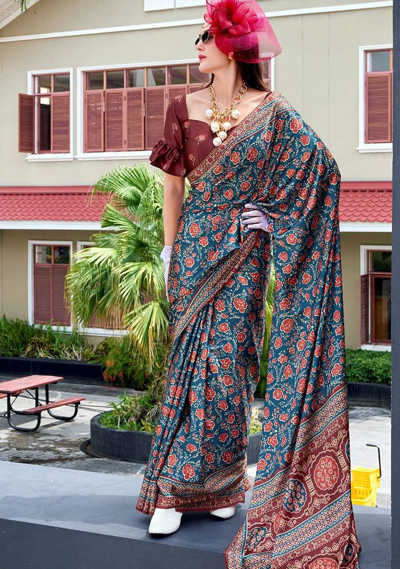 Teal Printed Silk Saree Set - Indya