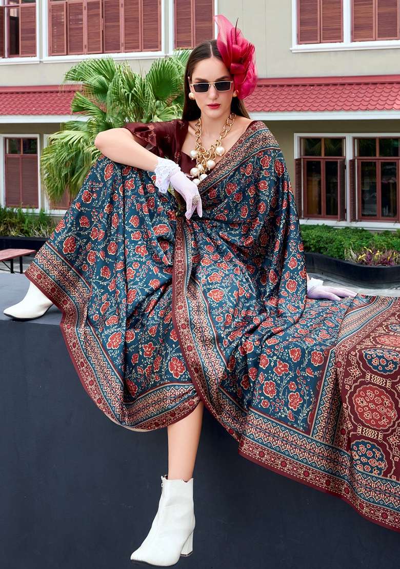 Teal Printed Silk Saree Set - Indya