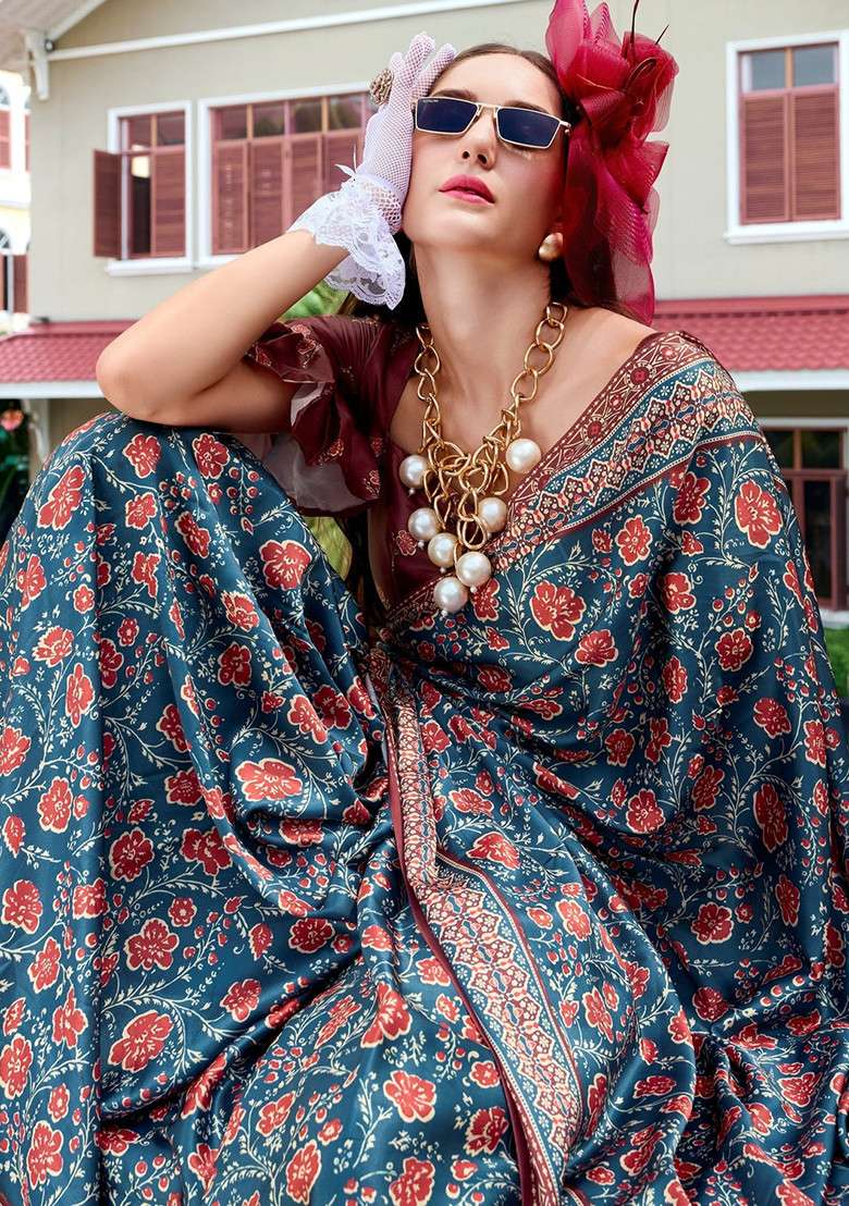 Teal Printed Silk Saree Set - Indya