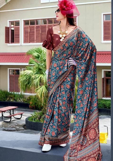 Teal Printed Silk Saree Set