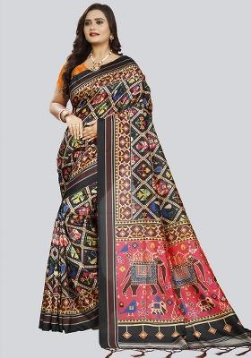 Black Printed Silk Saree Set