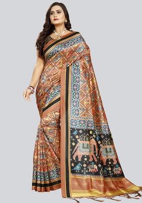 Copper Printed Silk Saree Set