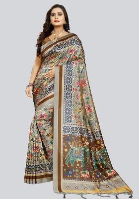 Grey Printed Silk Saree Set