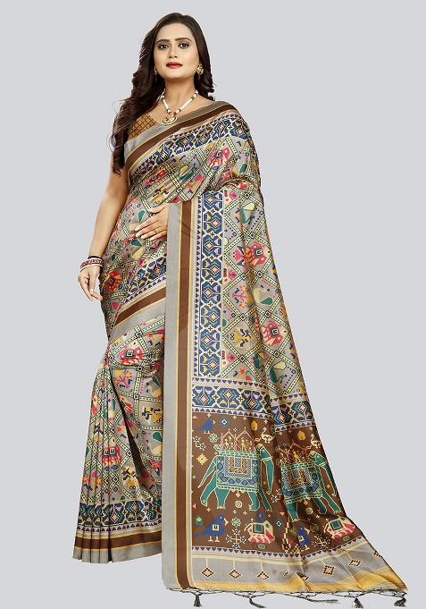 Grey Printed Silk Saree Set
