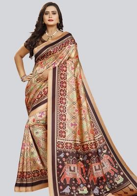 Peach Printed Silk Saree Set
