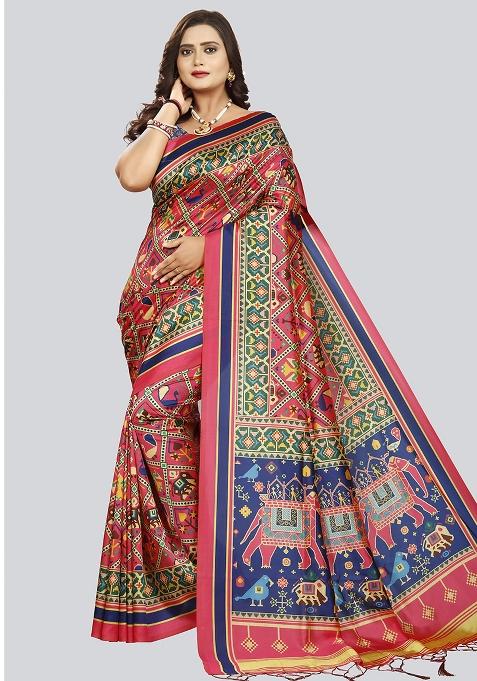 Pink Printed Silk Saree Set