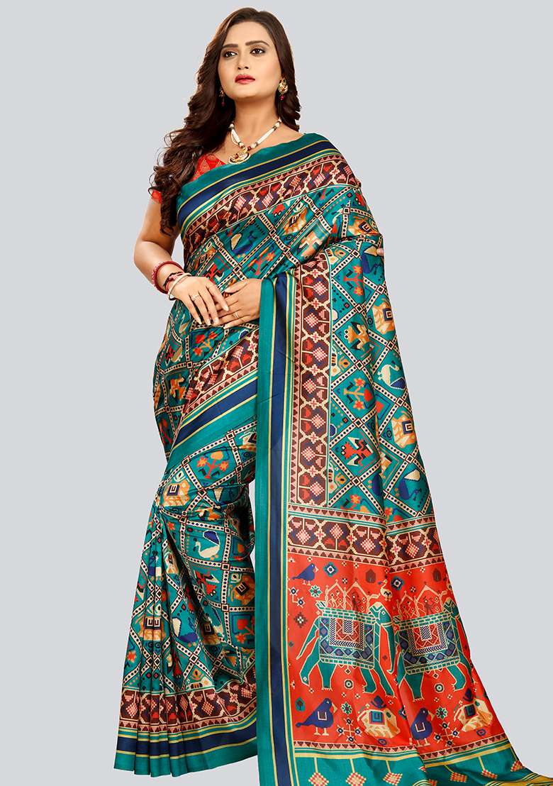 Rama Printed Silk Saree Set - Indya