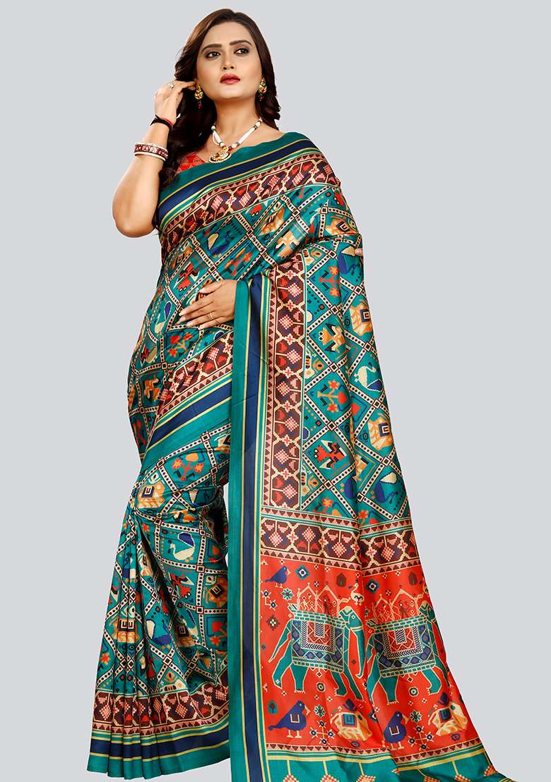 Rama Printed Silk Saree Set - Indya