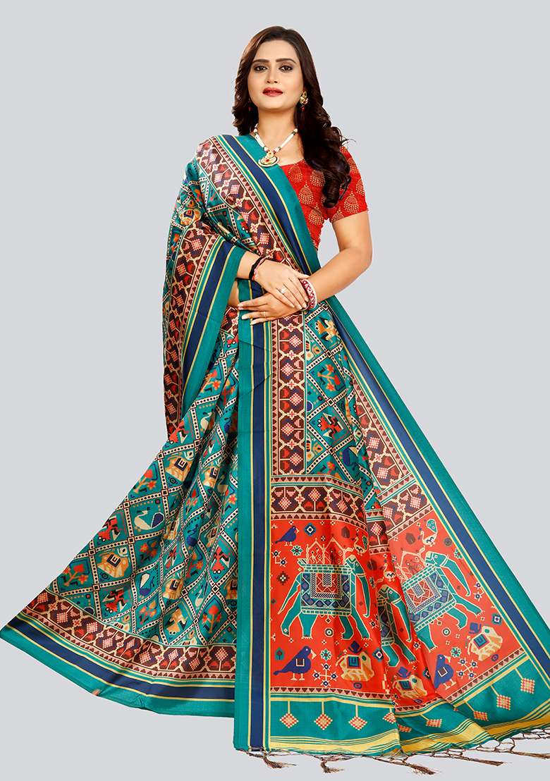 Rama Printed Silk Saree Set - Indya