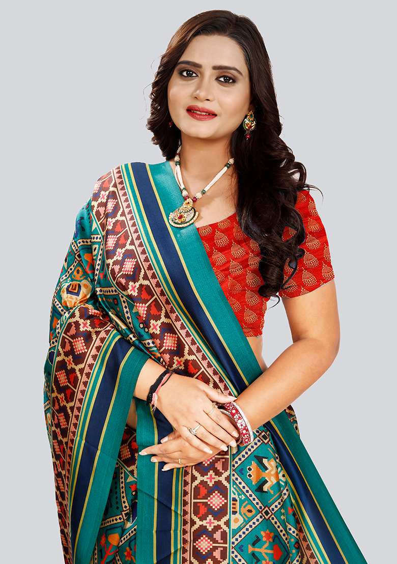 Rama Printed Silk Saree Set - Indya