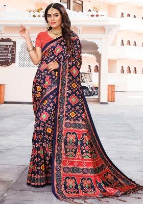 Blue Printed Silk Saree Set