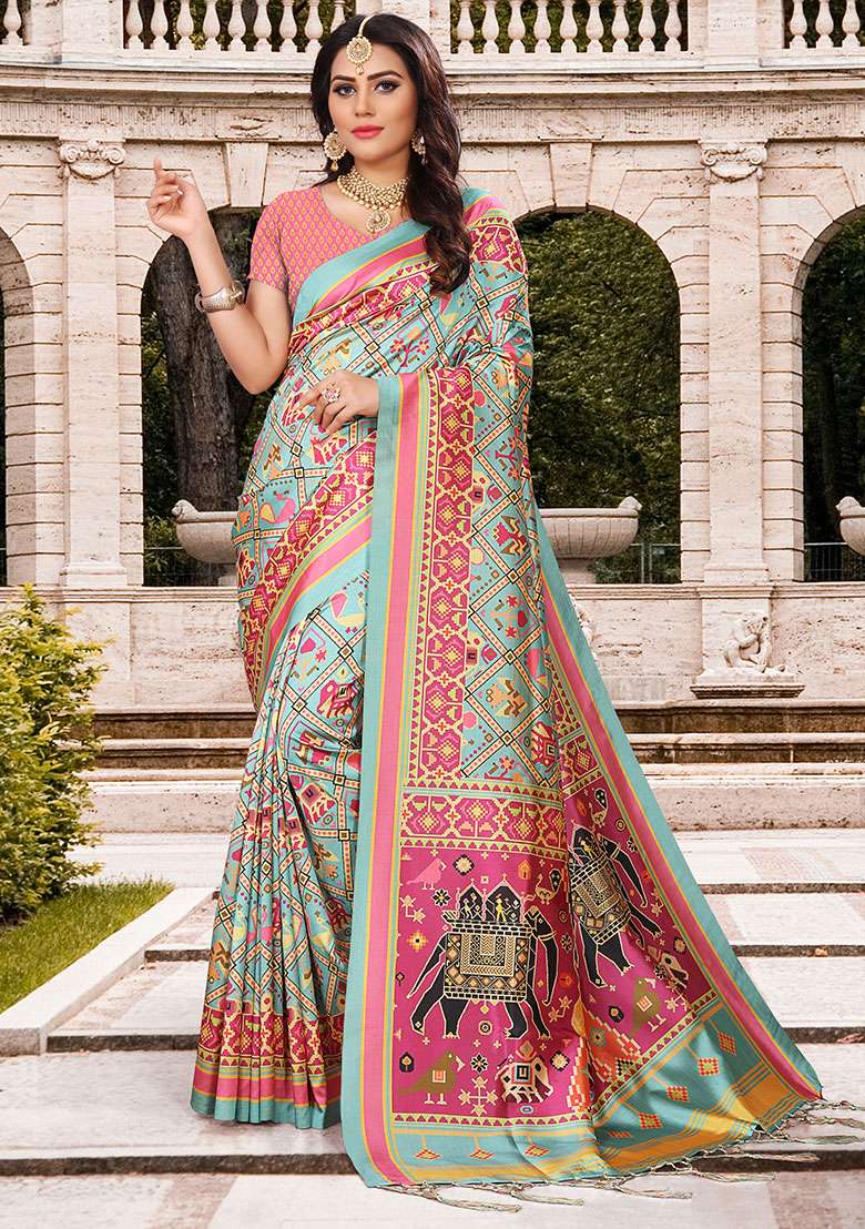 Sky Printed Silk Saree Set - Indya