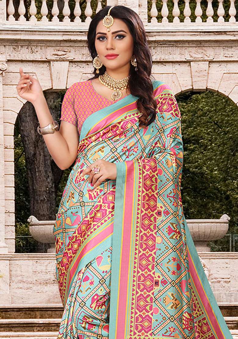 Sky Printed Silk Saree Set - Indya