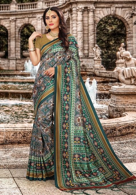 Green Printed Silk Saree Set