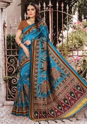 Rama Printed Silk Saree Set