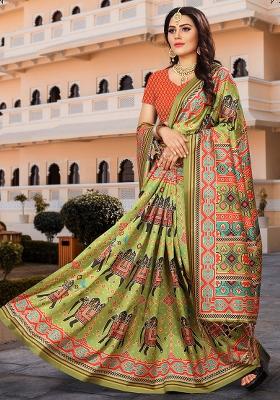 Green Printed Silk Saree Set