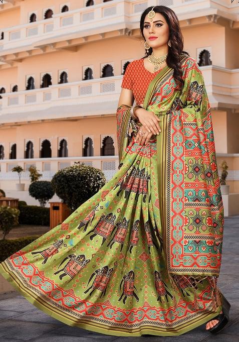 Green Printed Silk Saree Set