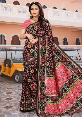 Black Printed Silk Saree Set