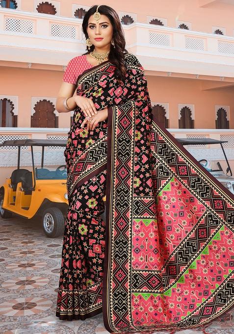 Black Printed Silk Saree Set