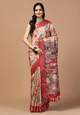 Peach Printed Silk Saree Set