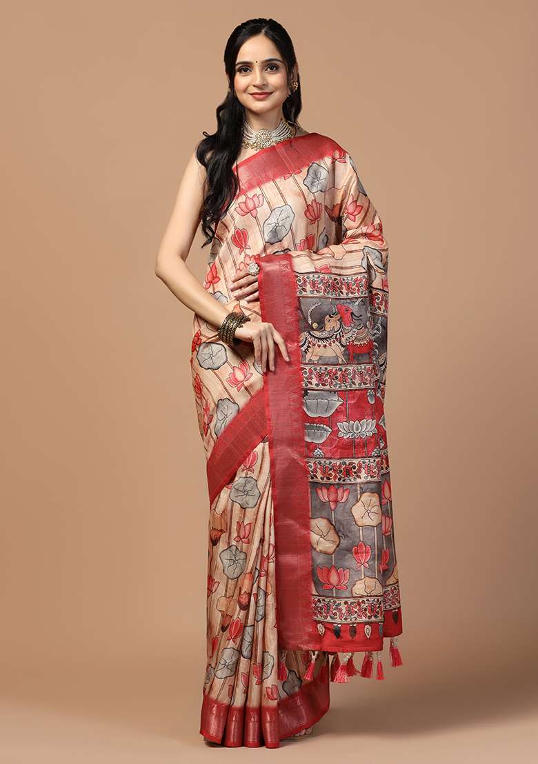 Peach Printed Silk Saree Set - Indya