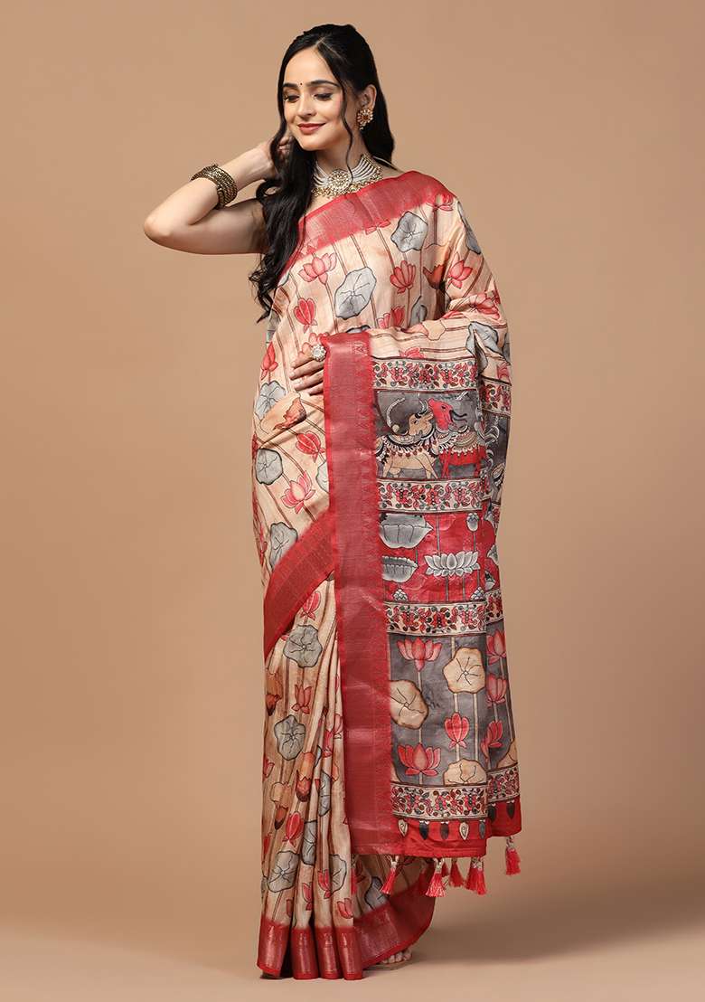 Peach Printed Silk Saree Set - Indya