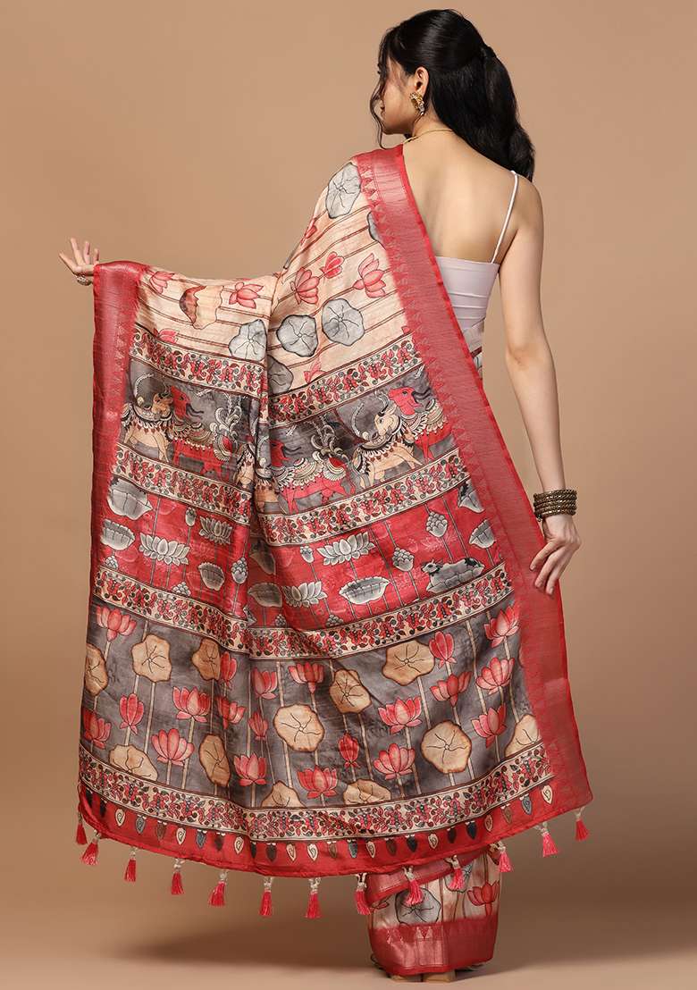 Peach Printed Silk Saree Set - Indya