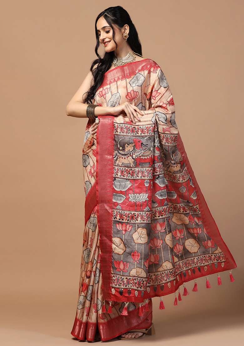 Peach Printed Silk Saree Set - Indya