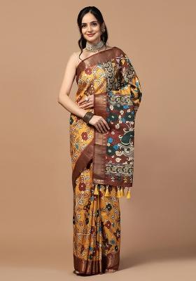 Yellow Printed Silk Saree Set
