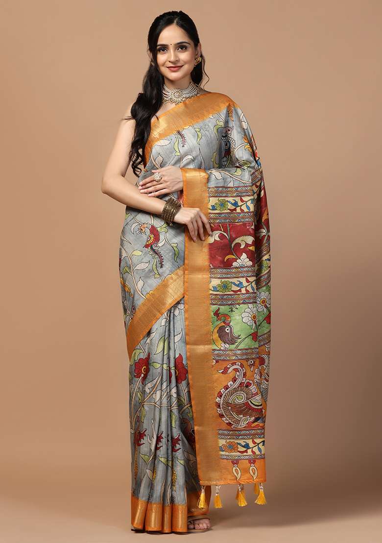 Blue Printed Silk Saree Set - Indya