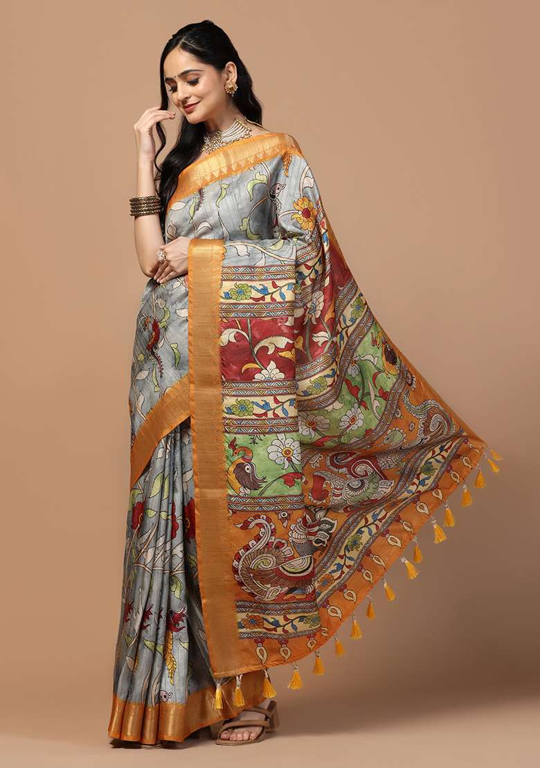 Blue Printed Silk Saree Set - Indya
