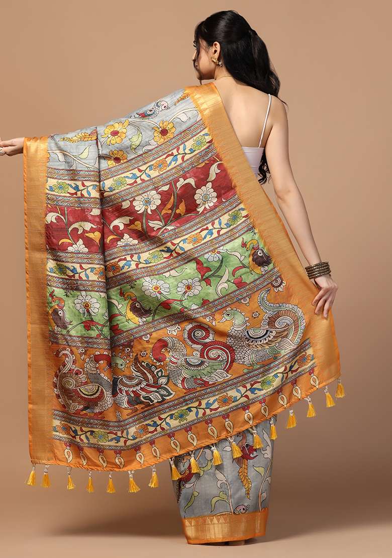 Blue Printed Silk Saree Set - Indya