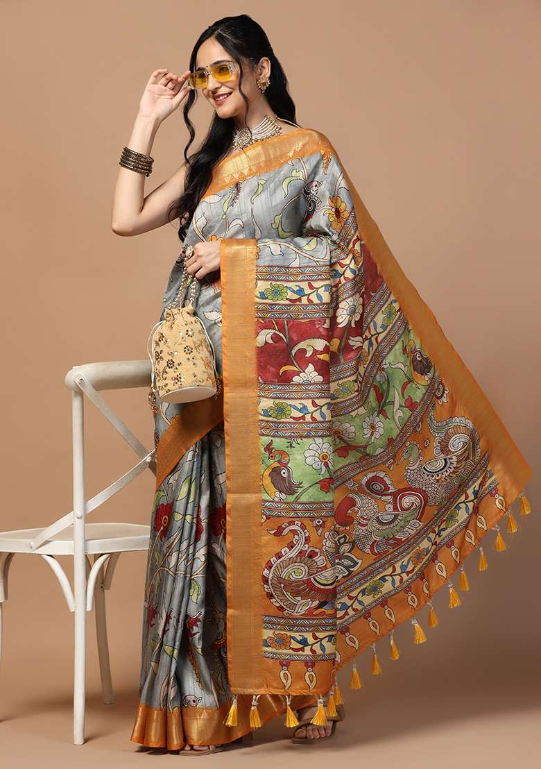 Blue Printed Silk Saree Set - Indya