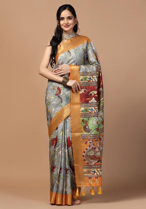 Blue Printed Silk Saree Set