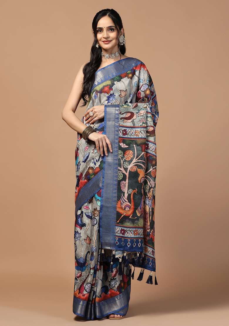 Grey Printed Silk Saree Set - Indya