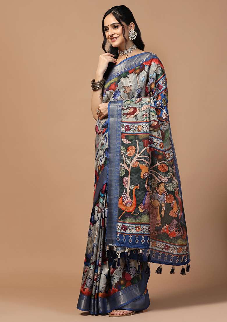 Grey Printed Silk Saree Set - Indya