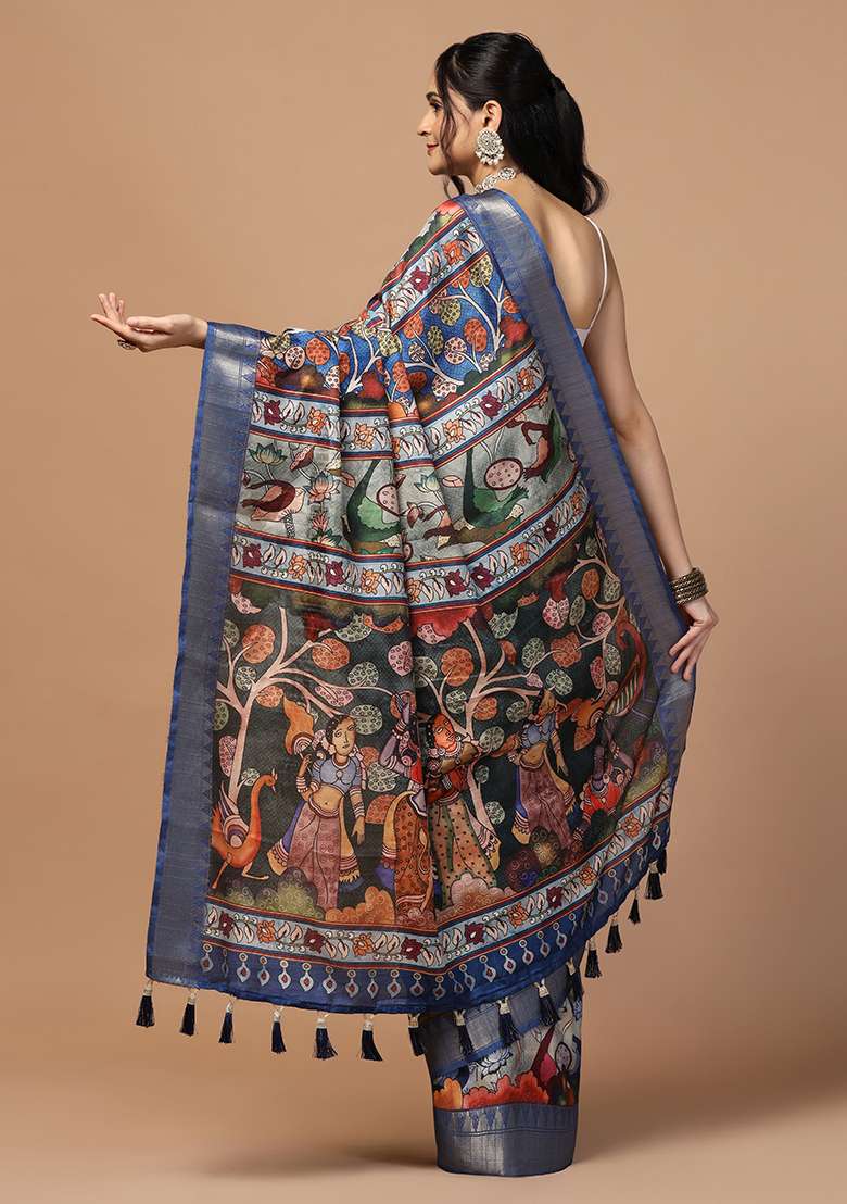 Grey Printed Silk Saree Set - Indya