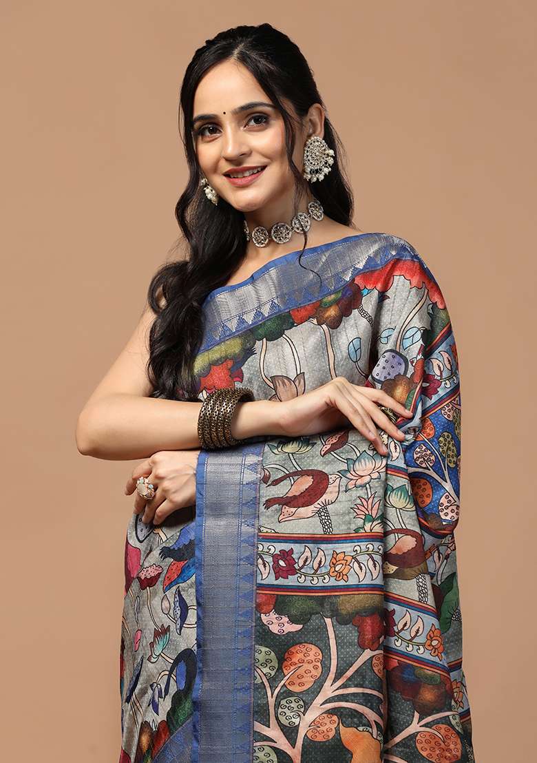 Grey Printed Silk Saree Set - Indya