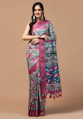 Grey Printed Silk Saree Set