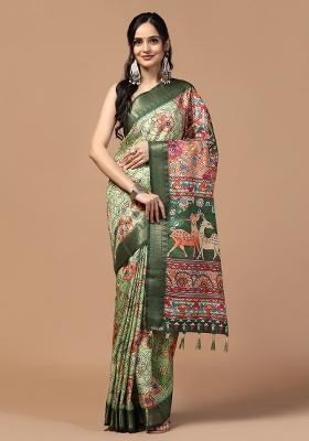 Pista Printed Silk Saree Set