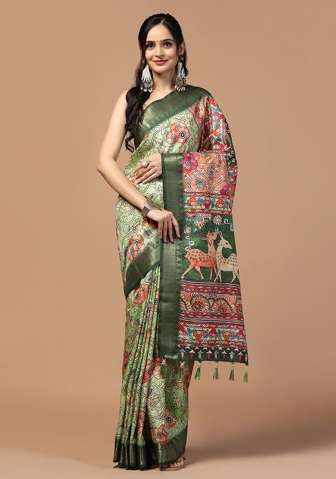 Pista Printed Silk Saree Set