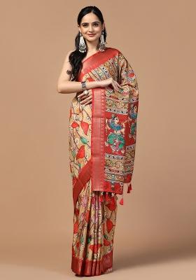 Yellow Printed Silk Saree Set