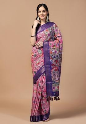 Pink Printed Silk Saree Set