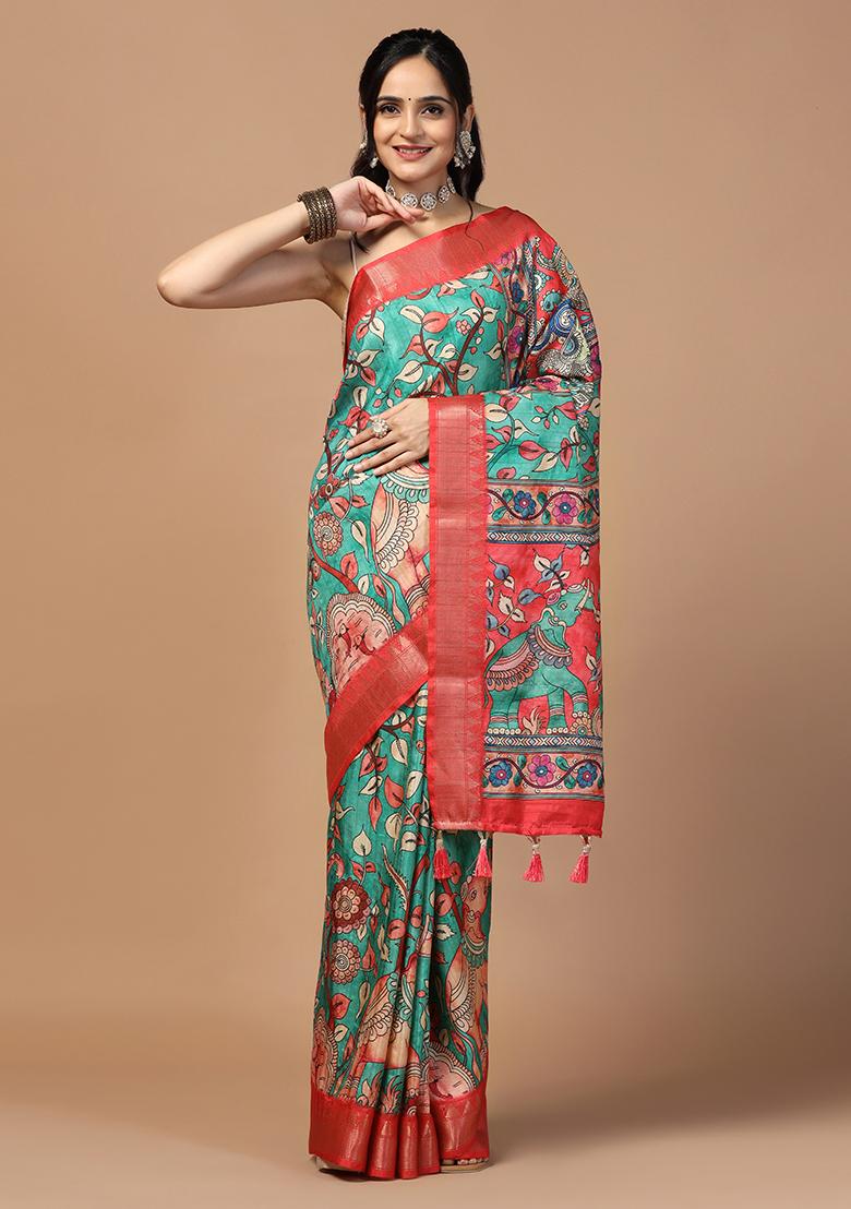 Rama Printed Silk Saree Set