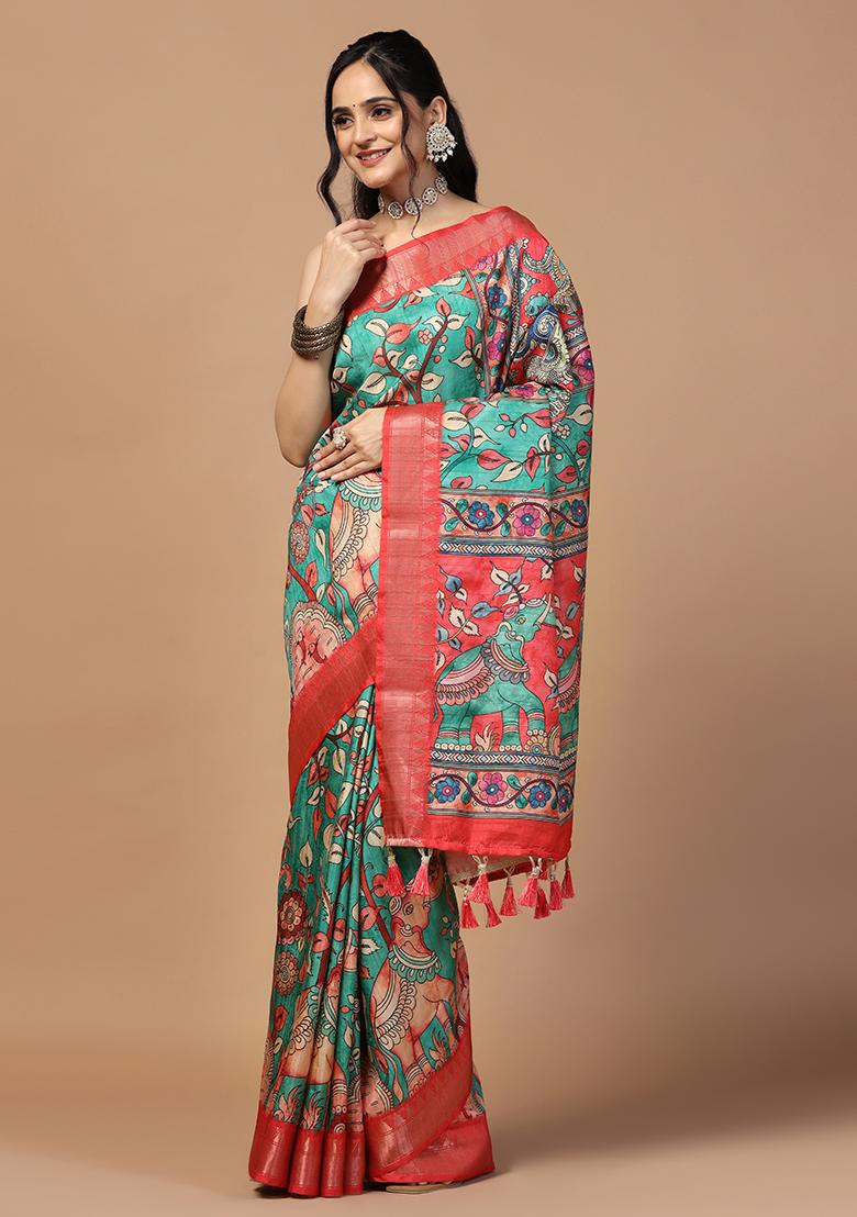 Rama Printed Silk Saree Set