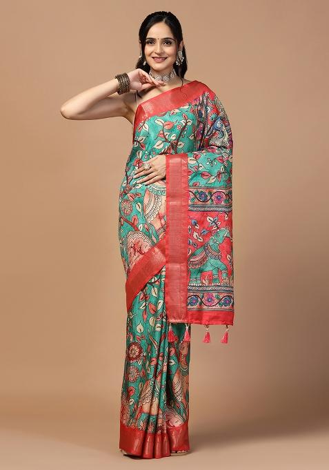 Rama Printed Silk Saree Set